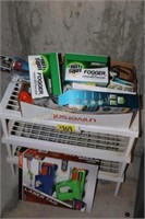 fogger, patio shield, cords, laser tag, shelf