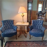 2 Vinatge Arm Chairs, Parlor Table, Brass Lamp