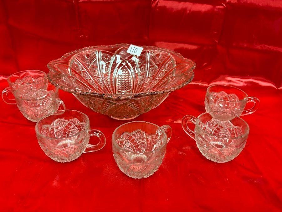 Vintage Pressed glass punch bowl set, w/ cups