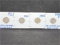 Lot of 4 Mercury Dimes: 1923, 1941, 1942, & 1942 D