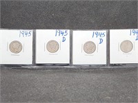 Lot of 4 Mercury Dimes: 1945 & 3- 1945 D