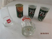 Florida Gold Juice Can Bank, 3) 7-up Glasses