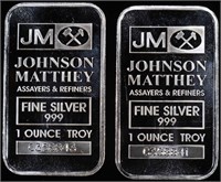 (2) 1 OZ .999 SILVER JOHNSON MATTHEY BARS