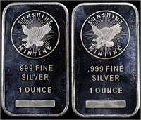 (2) 1 OZ .999 SILVER SUNSHINE MINTING BARS