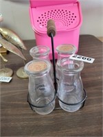 (4) MILK BOTTLES WITH CARRIER (2 WITH LIDS)