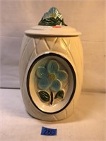 Vintage Porcelain Cookie Jar w/ Flower, 12” Tall