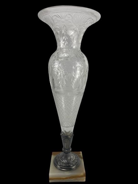 Art Deco Silver Plated Marble Based Glass Vase