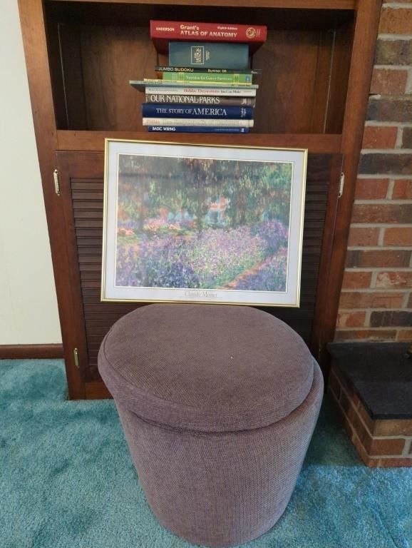 Foot stool with storage, print and books