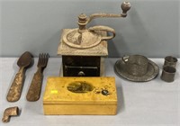 Coffee Grinder; Wood Box & Country Lot