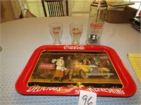 COCA COLA LAP TRAY, 2 GLASSES, STRAW CANSITER