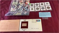 SHEET OF SPORTS CARDS, 1ST DAY ISSUE GOLD STAMP &