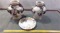 3pc majolica pottery  vases FF plate grapes leaves