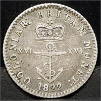 1822 British West Indies Silver 1/16th Dollar Scar
