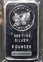 5 Troy Oz .999 Fine Silver Bar Sunshine Minting