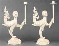 Painted Bronze Kinnara or Harpy Candlesticks, Pair