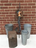 4 metal buckets & metal mermaid