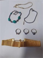 Lot of Various Bracelets, Silvertone Rings,