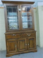 Oak 2-Piece Lighted Cabinet w/ Leaded Glass Doors-