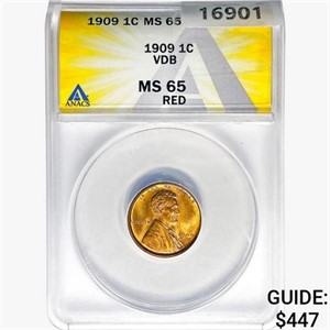 1909 VDB Wheat Cent ANACS MS65 RED