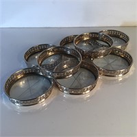 8 ORNATE BIRK'S STERLING GLASS COASTERS