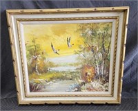 Vintage oil on canvas landscape with ducks