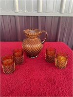 Fenton Amber pitcher and 4 glasses