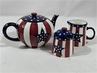 American Flag Themed Teapot, Creamer and Sugar
