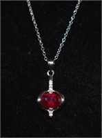 Sterling Silver Necklace w/ Ruby & White Stones on