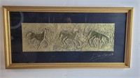 Framed gold embossed horse art, signed, No