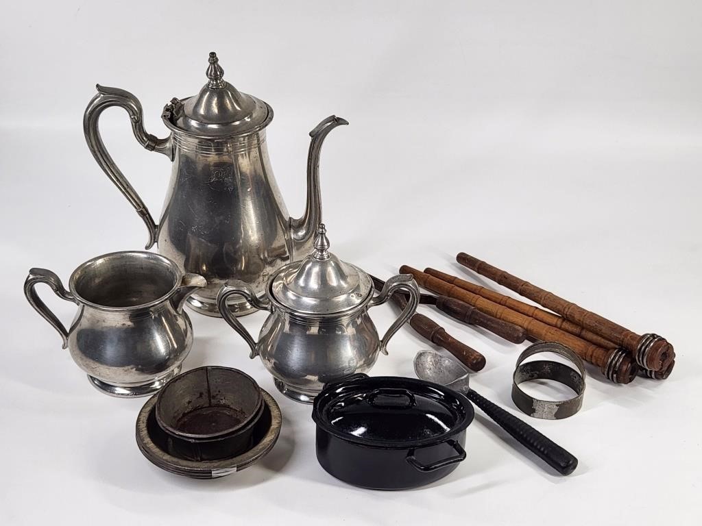 PEWTER TEA SET, SEWING, TINS +