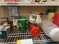 Cups, thermos, misc. on shelf