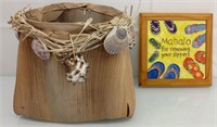 Lauhala and shell basket with framed tile trivet