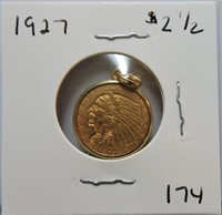 1927 $2 1/2 Indian gold with 14kt  bezel