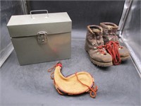 Powder Horn, Boots, Metal File Box