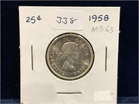 1958 Canadian Silver 25 Cent Piece  MS63