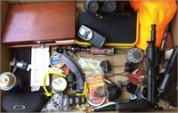 box lot: binoculars, gun cleaning kit,