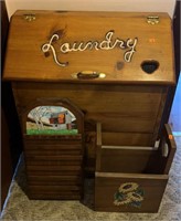 Wooden laundry hamper, wall hanging and decorated