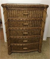 Wicker Five Drawer Chest with Inset Glass