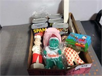 Spam coin banks, Hello Kitty box, Shoney's Big Boy