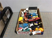 Box of assorted toys, disk, truck coin bank