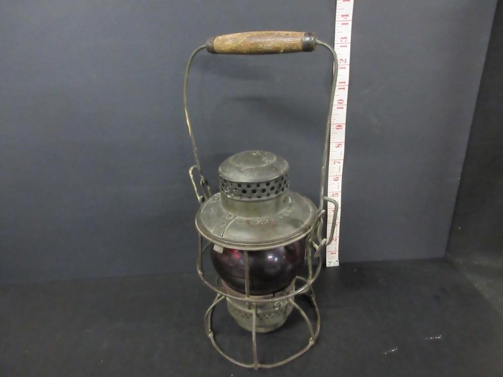 ANTIQUE CPR RED GLOBE LANTERN WITH WOOD HANDLE