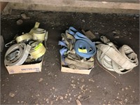 (3) BOXES W/ RATCHET TIE DOWNS & ASSORTED SLINGS