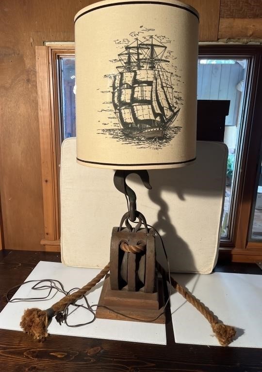 Vintage Block & Tackle Sailing Ship Lamp