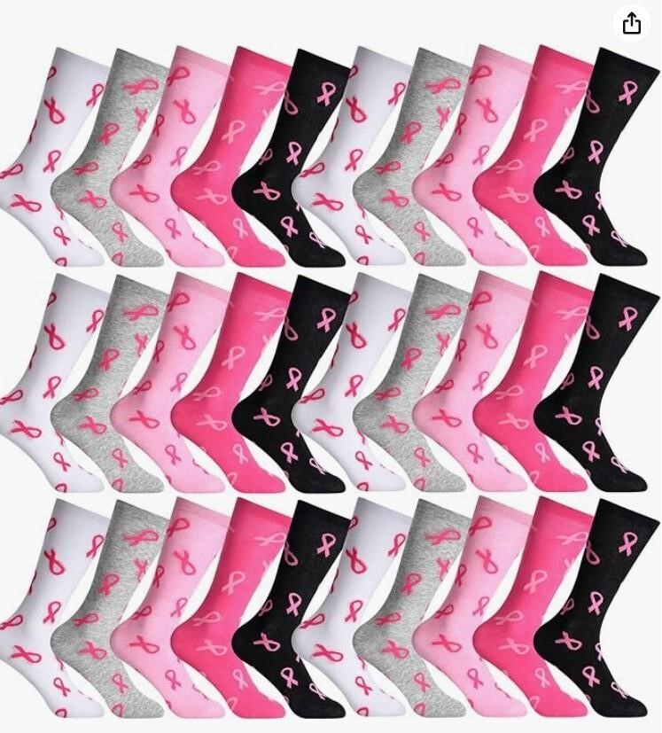 30 Pairs Breast Cancer Socks Pink Ribbon Soft L/XL