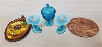 Cyan Blue Hobnail Cornucopia Vases, Candy Dish,