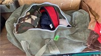 CANVAS DUFFLE BAG W/ CAMO SWEATSHIRT, HUNTING HAT,