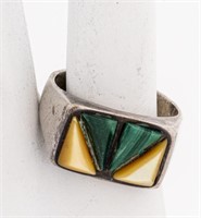 Vintage Silver Malachite & Pearl Inlay Ring