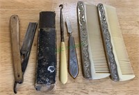 Antique bangle straight razor with case,