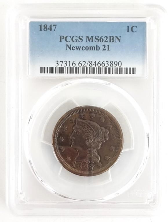 1847 U.S. Young Head Large Cent PCGS MS 62BN