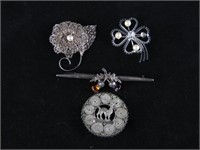 4 STERLING SILVER VINTAGE BROOCHES